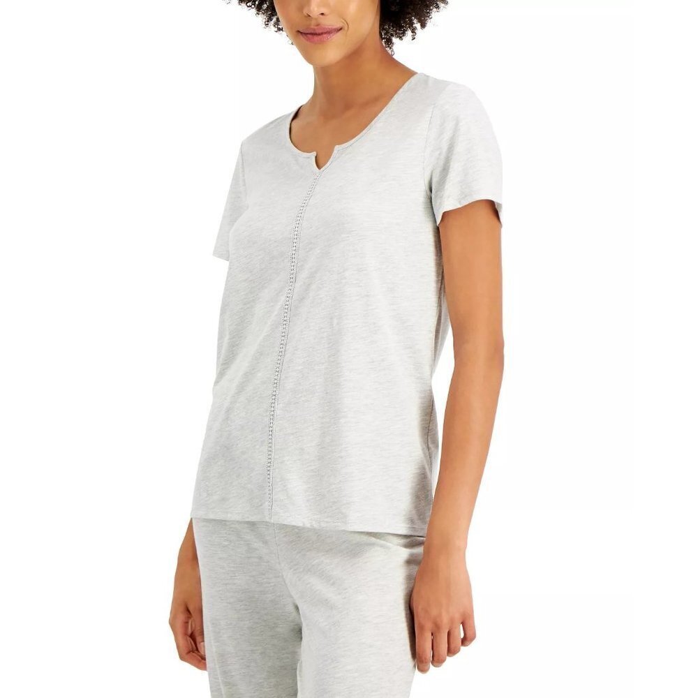 Charter Club Womens Size XS Everyday Cotton Crochet-Trim Pajama‎ Top Grey 653